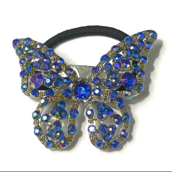 Ponytail Holder Brooch Blue Rhinestones 2 In 1 Butterfly - Picture 1 of 2